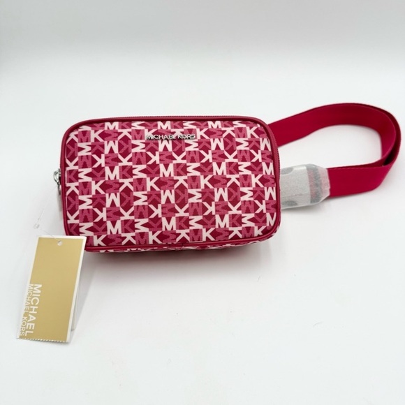 Michael Kors Handbags - NWT Michael Kors Khai Dark Raspberry Small Logo Printed Belt/Sling Bag